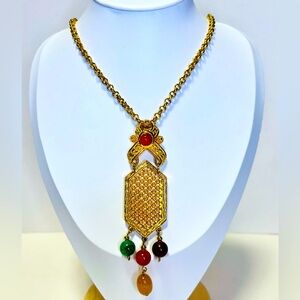 Avon Vintage Long Gold Necklace With Fringe Gemstones